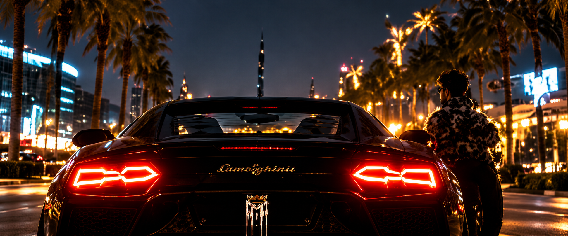 Luxury sports car and One Kimchi on a palm-lined boulevard at night