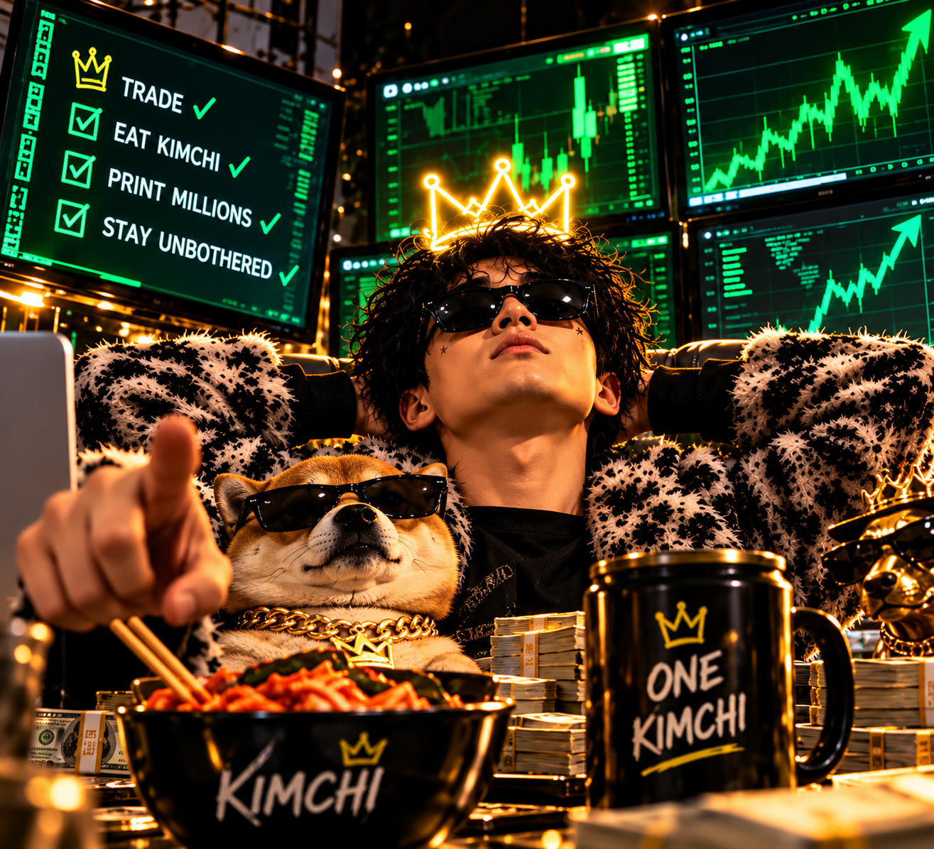 One Kimchi with his Shiba Inu wearing sunglasses
