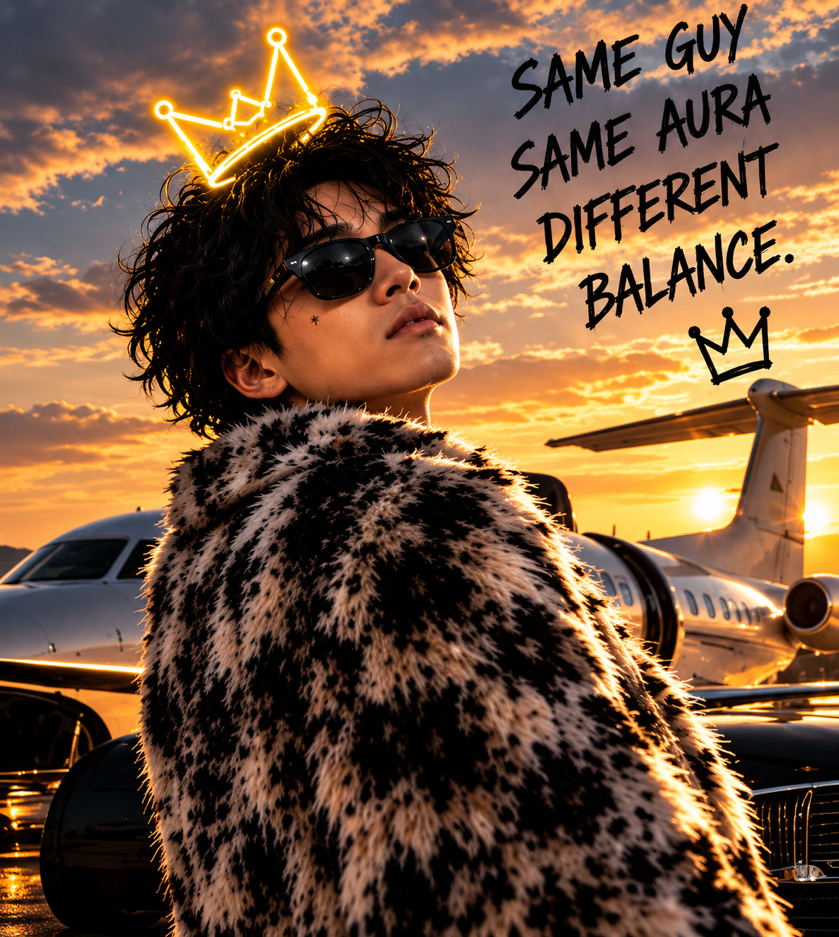One Kimchi in front of a private jet at sunset