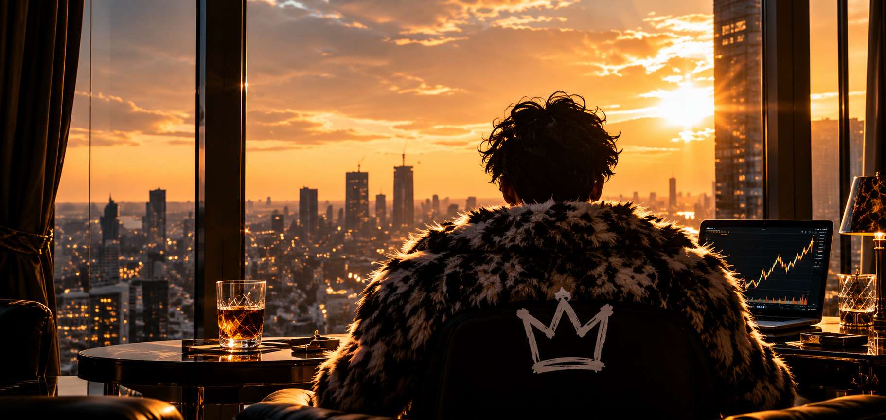 One Kimchi overlooking the city skyline from a penthouse