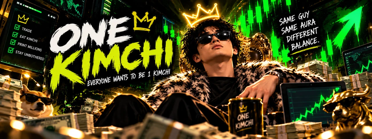 One Kimchi in front of green trading charts